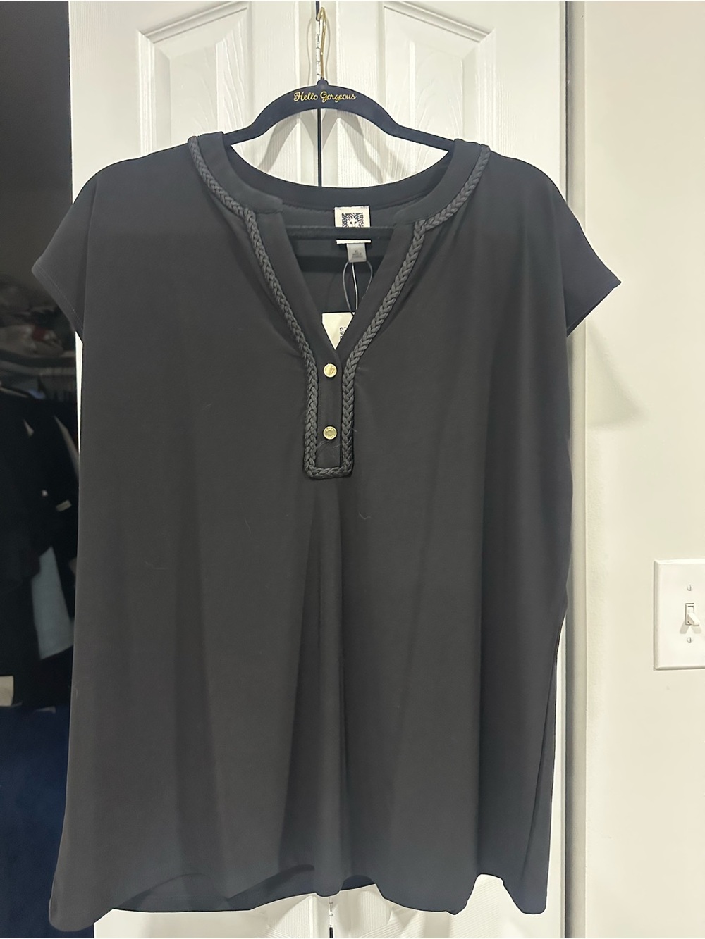 Anne Klein Black Short-Sleeve Top with Braided Trim